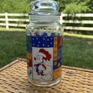 Vintage Anchor Hocking Mickey And Minnie Christmas Glass Canister Disney